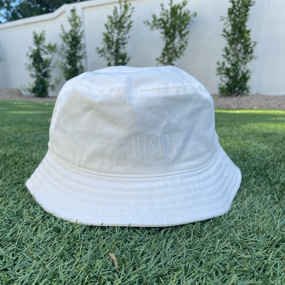 All Saints Bucket Hat White Cotton Embroidered Designer Logo